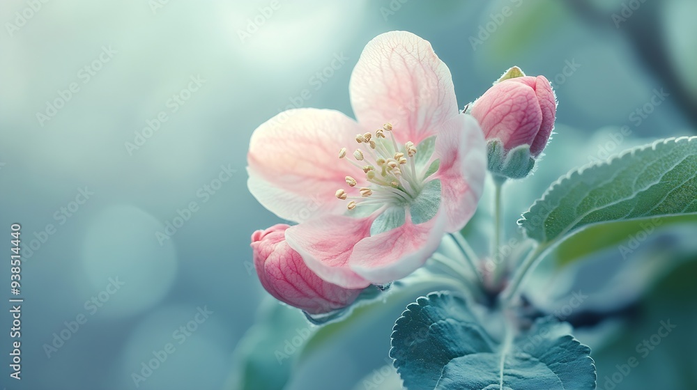 Poster apple flower buds in bloom signaling the arrival of spring the apple tree blossoms with the beauty o