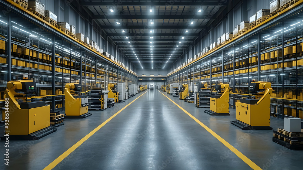 Poster a modern warehouse with automated robotic systems for transporting goods.