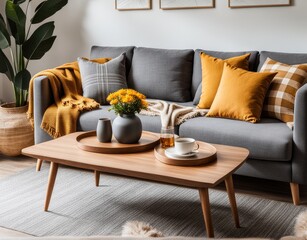 The stylish boho compostion at living room interior with design gray sofa, wooden coffee table, commode and elegant personal accessories. Honey yellow pillow and plaid. Cozy apartment. Home decor