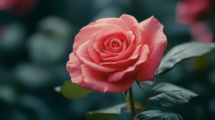 pink rose flower background Red roses on a bush in the garden closeup delicate pink rose flower with green leaves Red Rose Magic beauty in the garden concept of romance gift : Generative AI