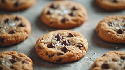 Chocolate chip cookies freshly baked parchment paper with flaky salt : Generative AI