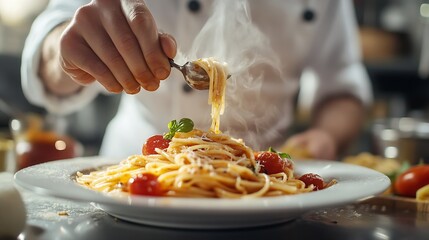 Male chef adding tasty sauce into plate with pasta in kitchen closeup : Generative AI