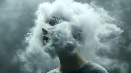 A person's face is obscured by clouds.