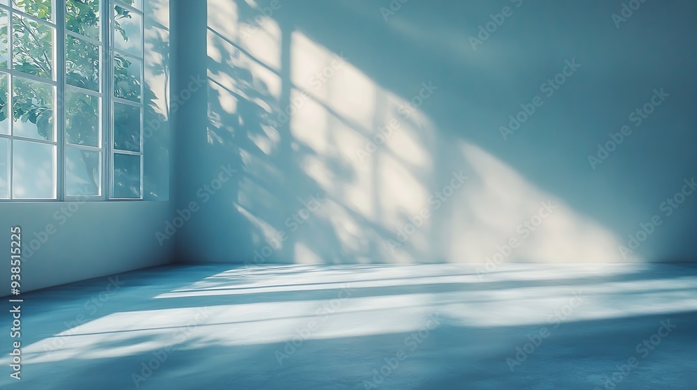 Fototapete Studio style background wall decoration presentation uses white and blue tones with shadows cast from a nearby window concept creating a decorative backdrop : Generative AI
