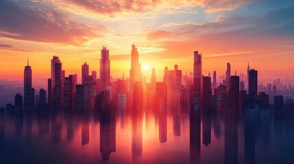 Fototapeta premium Cityscape Silhouette at Sunset with Reflection