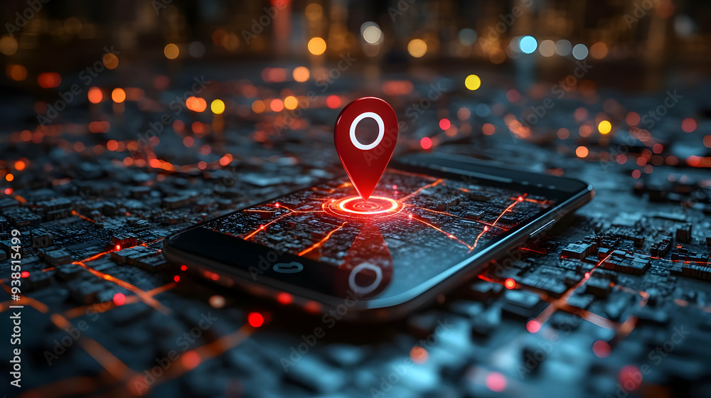 Poster a red location pin on a smartphone screen with a city map, symbolizing location services and navigat