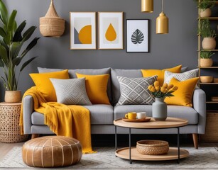 The stylish boho compostion at living room interior with design gray sofa, wooden coffee table, commode and elegant personal accessories. Honey yellow pillow and plaid. Cozy apartment. Home decor