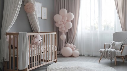 Panorama of a cozy gray nursery bedroom interior with a classic wooden baby crib and pastel pink decorations : Generative AI