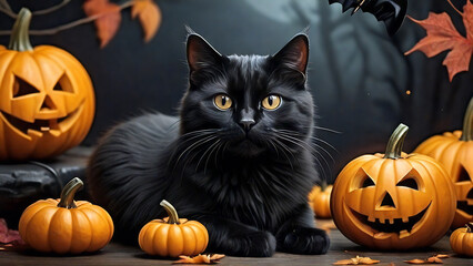 Halloween black cat, pumpkins, bats, fool moon