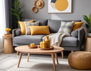 The stylish boho compostion at living room interior with design gray sofa, wooden coffee table, commode and elegant personal accessories. Honey yellow pillow and plaid. Cozy apartment. Home decor