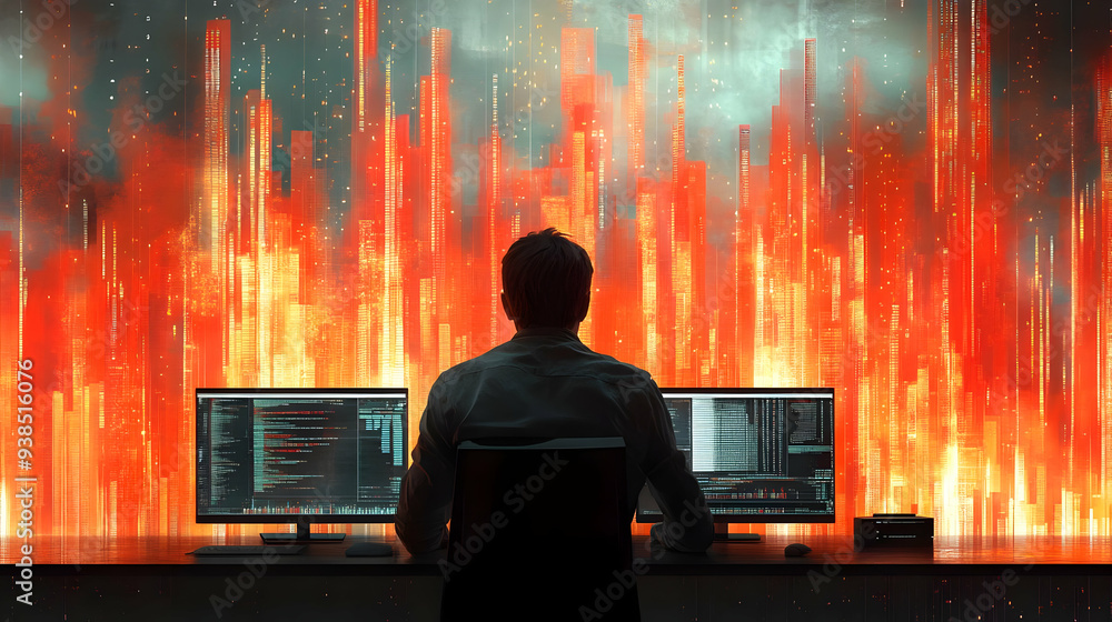 Aufkleber a silhouette of a programmer working at a desk with a glowing city backdrop.