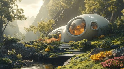 Futuristic Dome House in Lush Mountain Valley Landscape