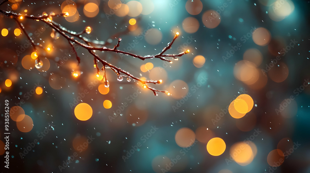 Poster a single branch with twinkling lights, blurred bokeh background.