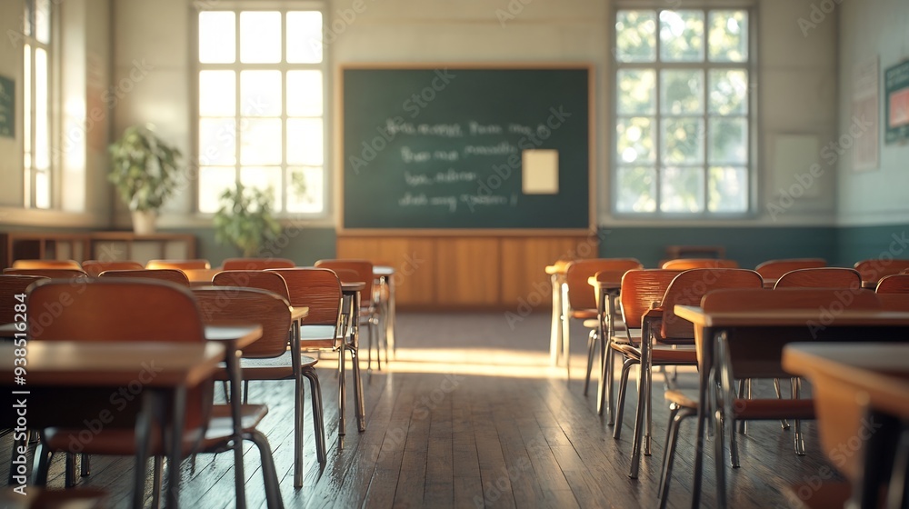 Poster empty classroom with chairs desks and chalkboard : generative ai