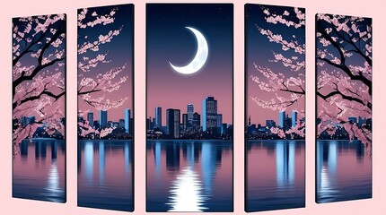 Night cityscape with crescent moon and pink blossoms reflecting in water, perfect for backgrounds, book covers, or travel advertisements.