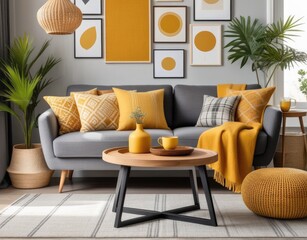 The stylish boho compostion at living room interior with design gray sofa, wooden coffee table, commode and elegant personal accessories. Honey yellow pillow and plaid. Cozy apartment. Home decor