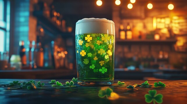 Glass of Green Beer with Shamrock Design on Bar Counter