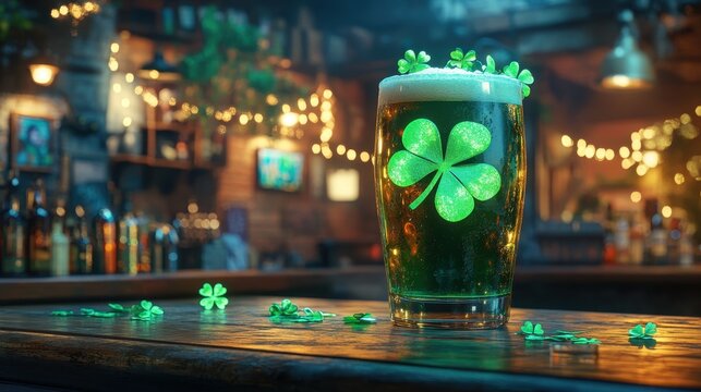 Green Beer in Pub with Shamrocks for St Patrick s Day Celebration - Powered by Adobe