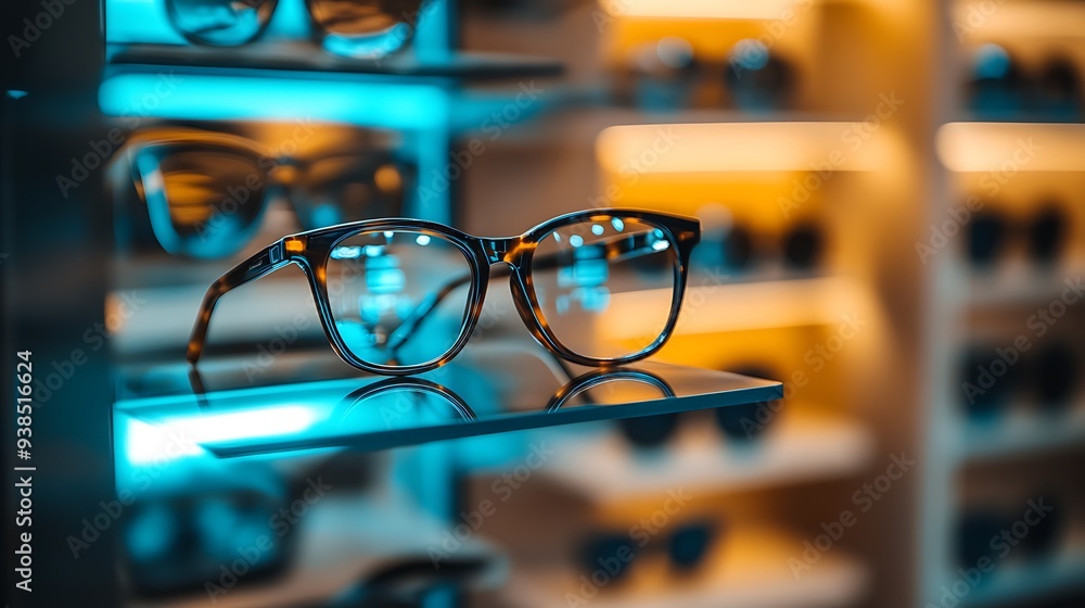 Poster close-up of designer eyewear store with glasses on a sleek display stand