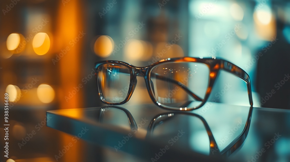 Poster close-up of designer eyewear store with glasses on a sleek display stand