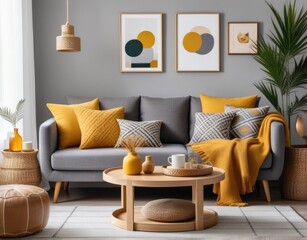 The stylish boho compostion at living room interior with design gray sofa, wooden coffee table, commode and elegant personal accessories. Honey yellow pillow and plaid. Cozy apartment. Home decor