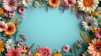 Floral Frame on Blue Background   Summer Flowers  Spring Bloom  Pastel Colors  Blank Space  Greeting Card  Invitation  Mockup  Banner