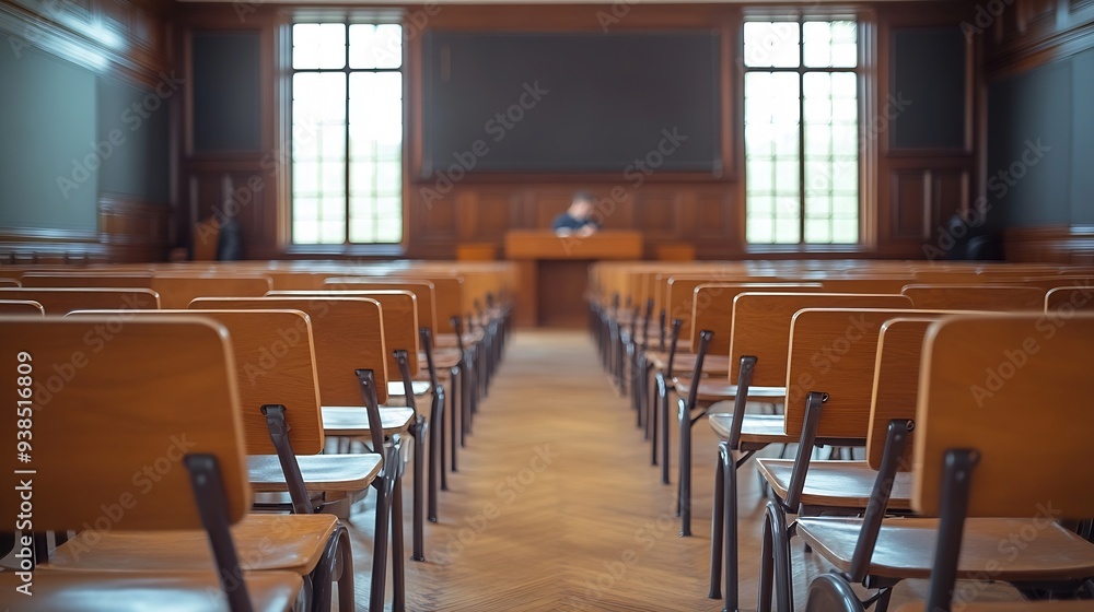 Poster empty university classroom with wooden chairs and desks modern university lecture room without stude