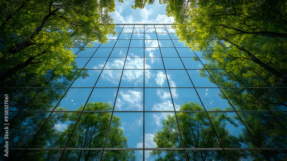 Sticker A skyscraper reflecting green trees and blue sky with clouds.