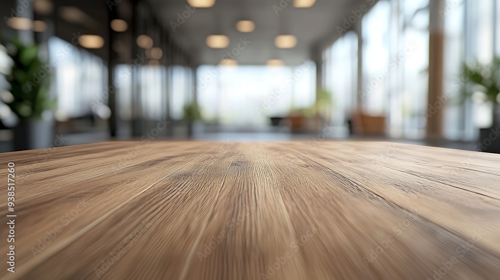 Poster Wooden top with blurred empty office room background can be used for mocking up or display product to make advertising : Generative AI