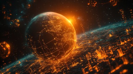 Fototapeta premium Futuristic Earth Globe with City Lights and Network Connections