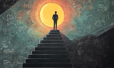 2D cartoon style chalkboard featuring a businessman standing atop a staircase