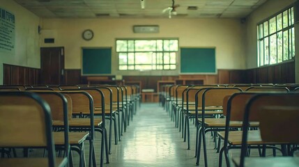Fototapeta premium Lecture room or School empty classroom with desks chair iron wood for studying lessons in high school Thailand interior of secondary education no kid teacher or young student Vintage t : Generative AI