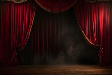 Dramatic red drapes reveal a mysterious theater scene
