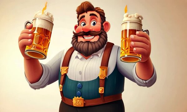 2D cartoon style character celebrating Oktoberfest holding glasses of beer Raster image