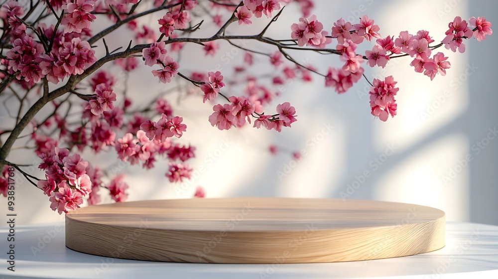 Poster geometric empty podium wooden platform stand for product presentation and spring flowering tree bran