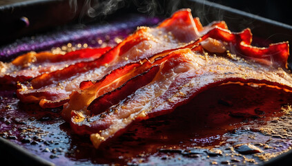 a succulent slab of purple bacon glistens temptingly under the light, its rich hues evoking a sense of indulgence