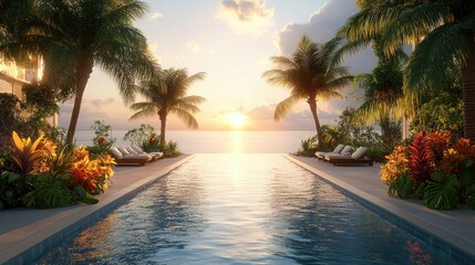 Fototapeta premium Tropical Sunset Poolside Relaxation
