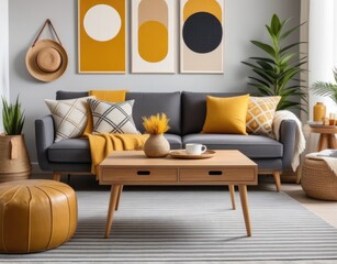 The stylish boho compostion at living room interior with design gray sofa, wooden coffee table, commode and elegant personal accessories. Honey yellow pillow and plaid. Cozy apartment. Home decor