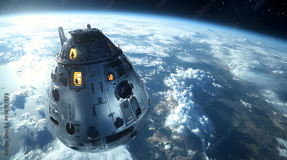 Poster a spacecraft orbits earth with clouds and a glimpse of land below.