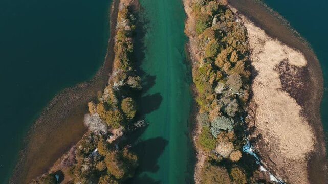 Tranquil River Flowing Through Lush Forest in Patagonia Argentina. Ruca Malen River in Villa la angostura, Neuquen, Argentina 