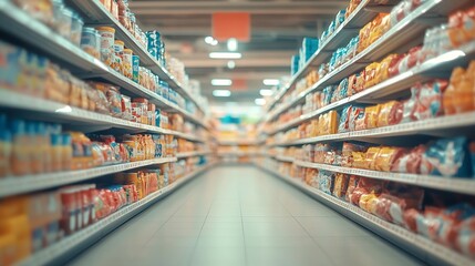 Blank Poster frame template indoor Supermarket blur Product shelf Advertising banner : Generative AI