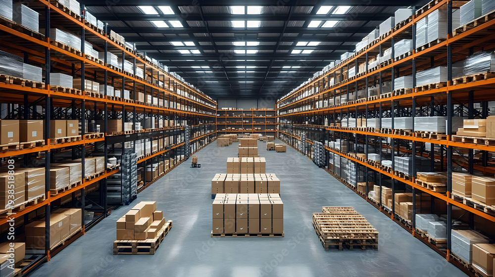 Poster a wide shot of a large warehouse with rows of shelves and pallets stacked with cardboard boxes.