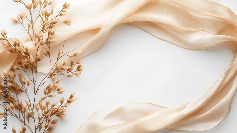 Aufkleber dry plants and silk ribbon on white background flat lay top view : generative ai