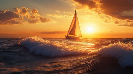 A sailboat is sailing in the ocean at sunset