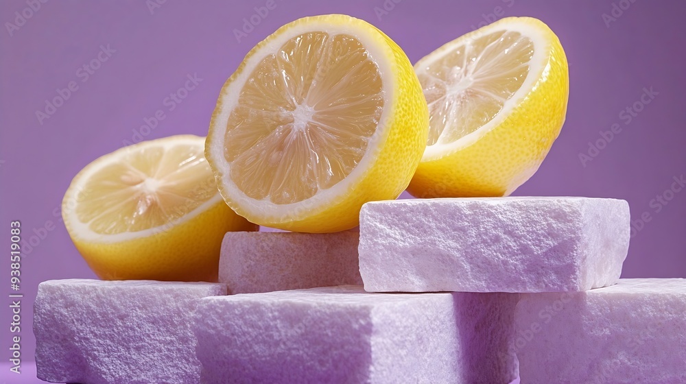 Poster Against the purple background fresh lemon and lemon slices decorated with blocks of stone and empty podium Lemon is a versatile fruit that is responsible for several health benefits : Generative AI