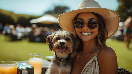 A woman in a straw hat and sunglasses smiles while holding a small dog.