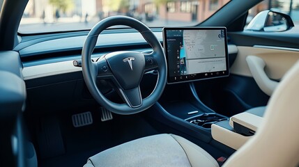 Electric car interior details adjustments Inside car interior with front seats driver and passenger textile multimedia windows console gear shift electric buttons digital speedometer : Generative AI