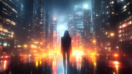 A woman stands alone in a rainy city street.