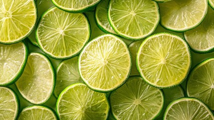 Fresh juicy lime slices as background, top view , ai