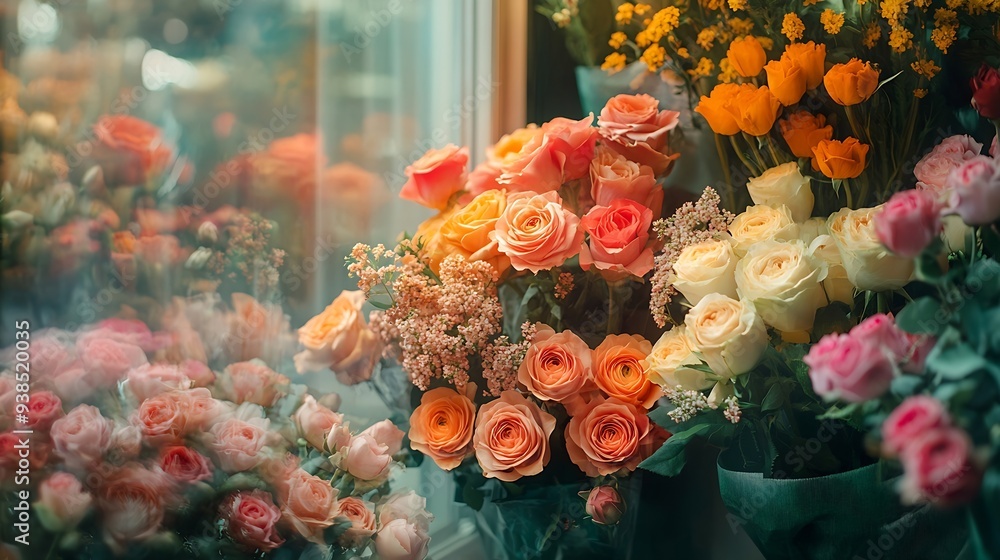 Poster window display of a florist full of warm colored flowers : generative ai